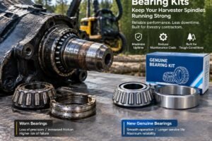 A close-up view of a disassembled harvester spindle showing worn tapered roller bearings next to new genuine replacements, highlighting the importance of bearing kits for forestry contractors