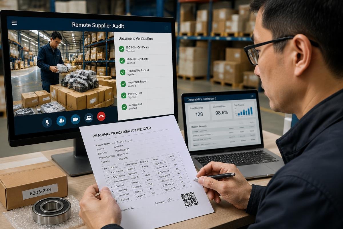 A close-up view of a warehouse auditor checking digital traceability documents during a remote supplier audit for bearings