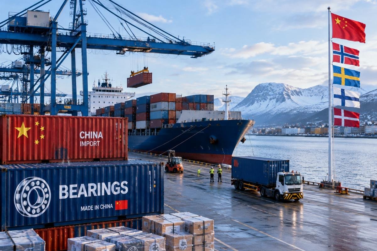 A container yard in a Nordic port with stacked shipping containers and cranes, illustrating the logistics environment for import bearings from China to Nordic markets