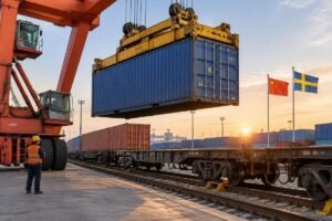 A heavy-lift crane at a rail terminal lifting a shipping container, illustrating the critical gauge-change process in rail freight China to Sweden