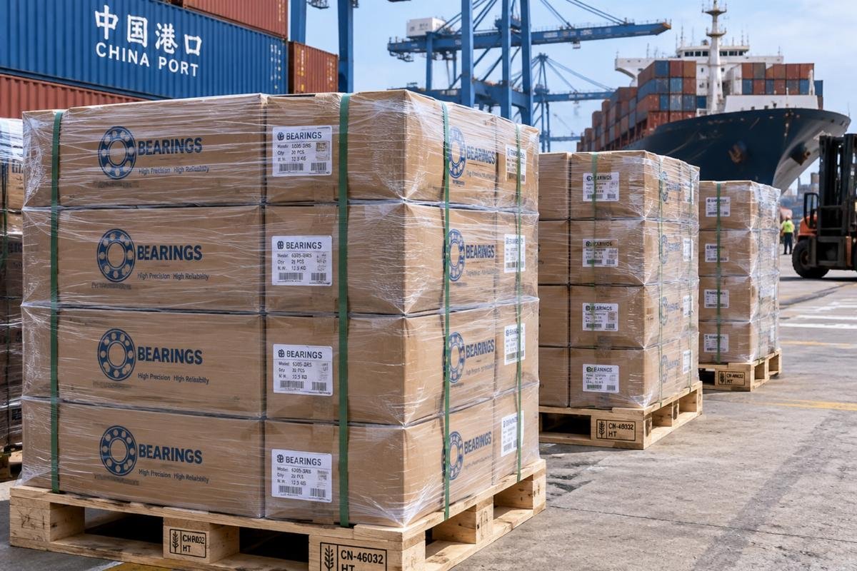 A stack of industrial bearing boxes on ISPM 15 certified wooden pallets ready for container loading at a Chinese port