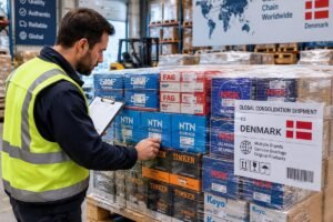 A warehouse worker inspecting a pallet of genuine multi-brand bearings ready for global consolidation shipment to Denmark