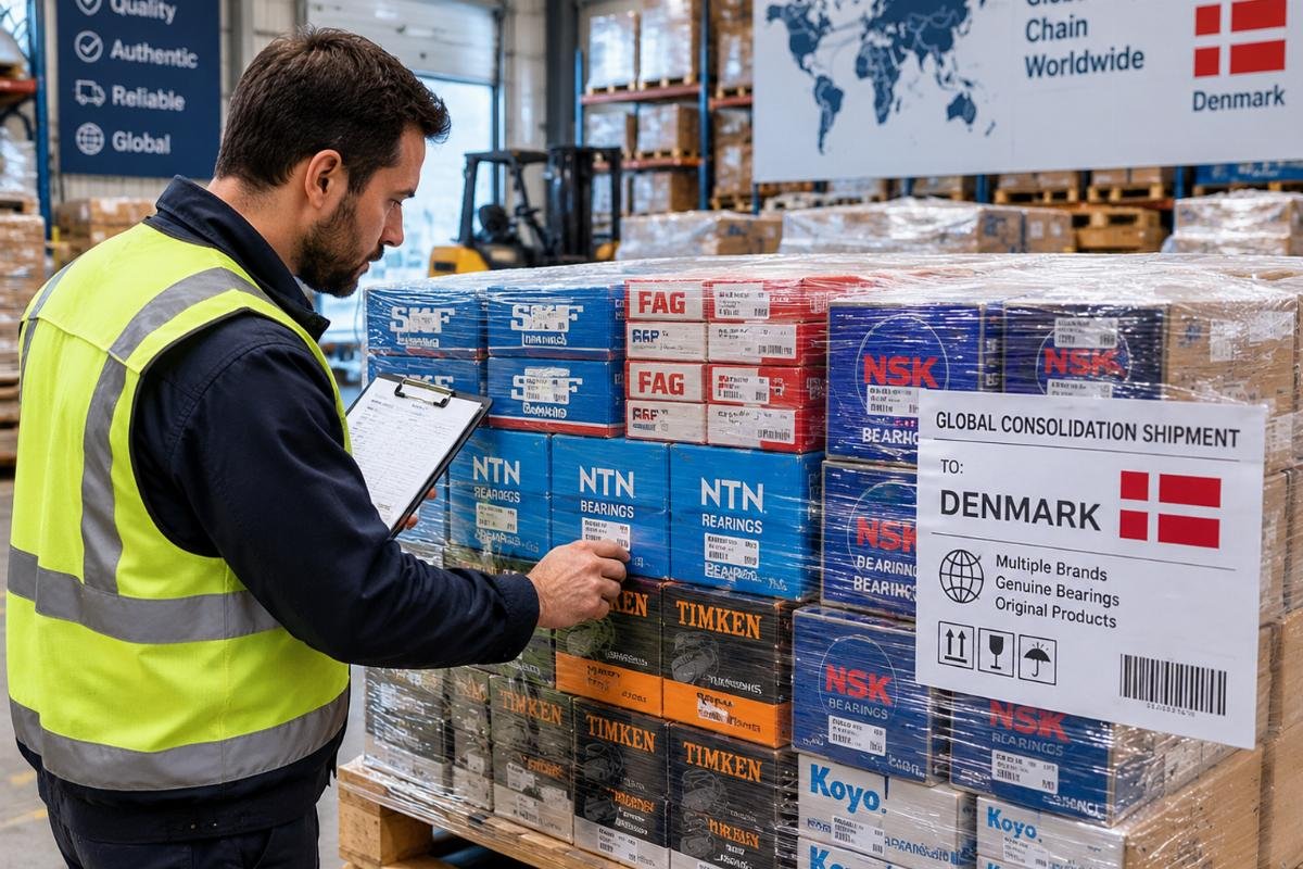 A warehouse worker inspecting a pallet of genuine multi-brand bearings ready for global consolidation shipment to Denmark