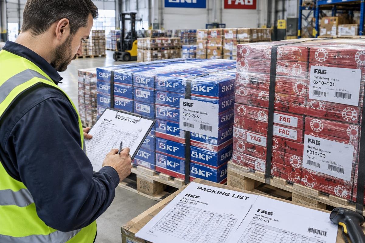 A warehouse worker inspecting pallets of SKF and FAG bearings with detailed packing lists in a logistics center