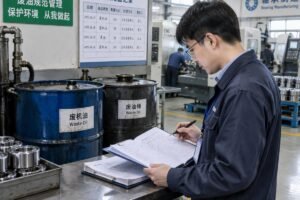 Auditor inspecting waste oil disposal records in a bearing manufacturing workshop