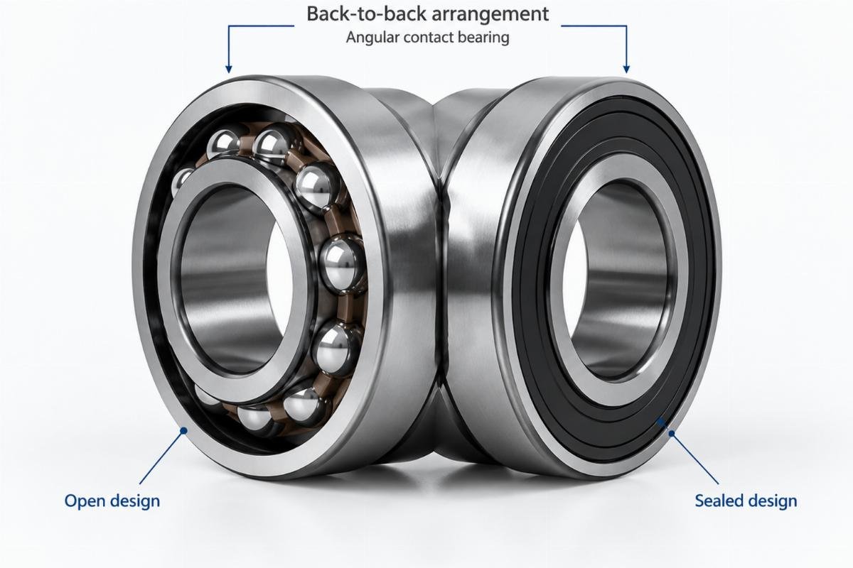 Back-to-back arrangement and open seal design of the angular contact bearing