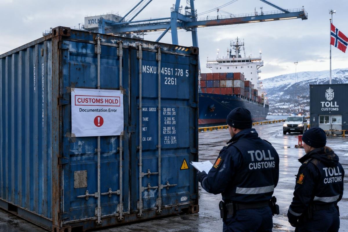 Cargo container held at Nordic port due to customs documentation error