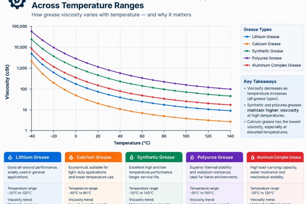 Chart illustrating viscosity changes of different grease types across temperature ranges