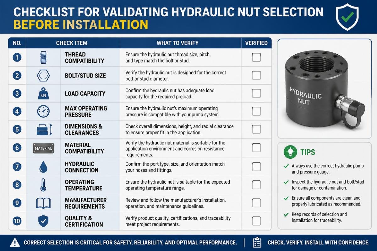Checklist graphic for validating hydraulic nut selection before installation