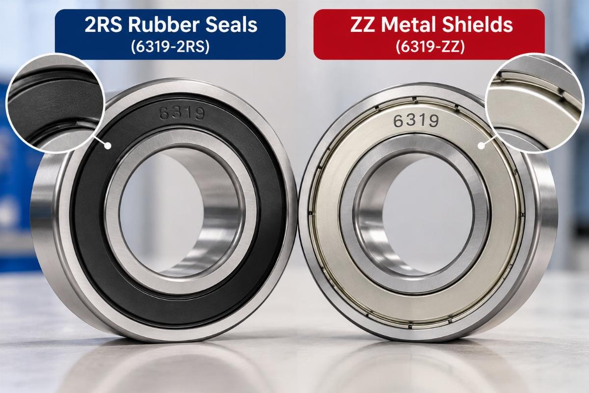 Close-up comparison of 2RS rubber seals and ZZ metal shields on 6319 bearings