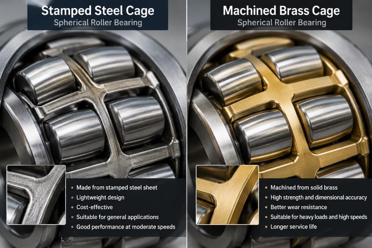 Close-up image comparing stamped steel vs machined brass cages in spherical roller bearings
