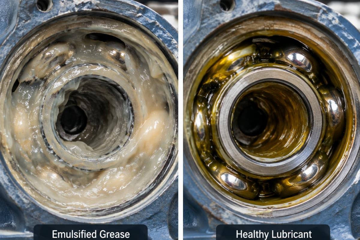 Close-up image of emulsified grease inside a bearing housing compared to healthy lubricant