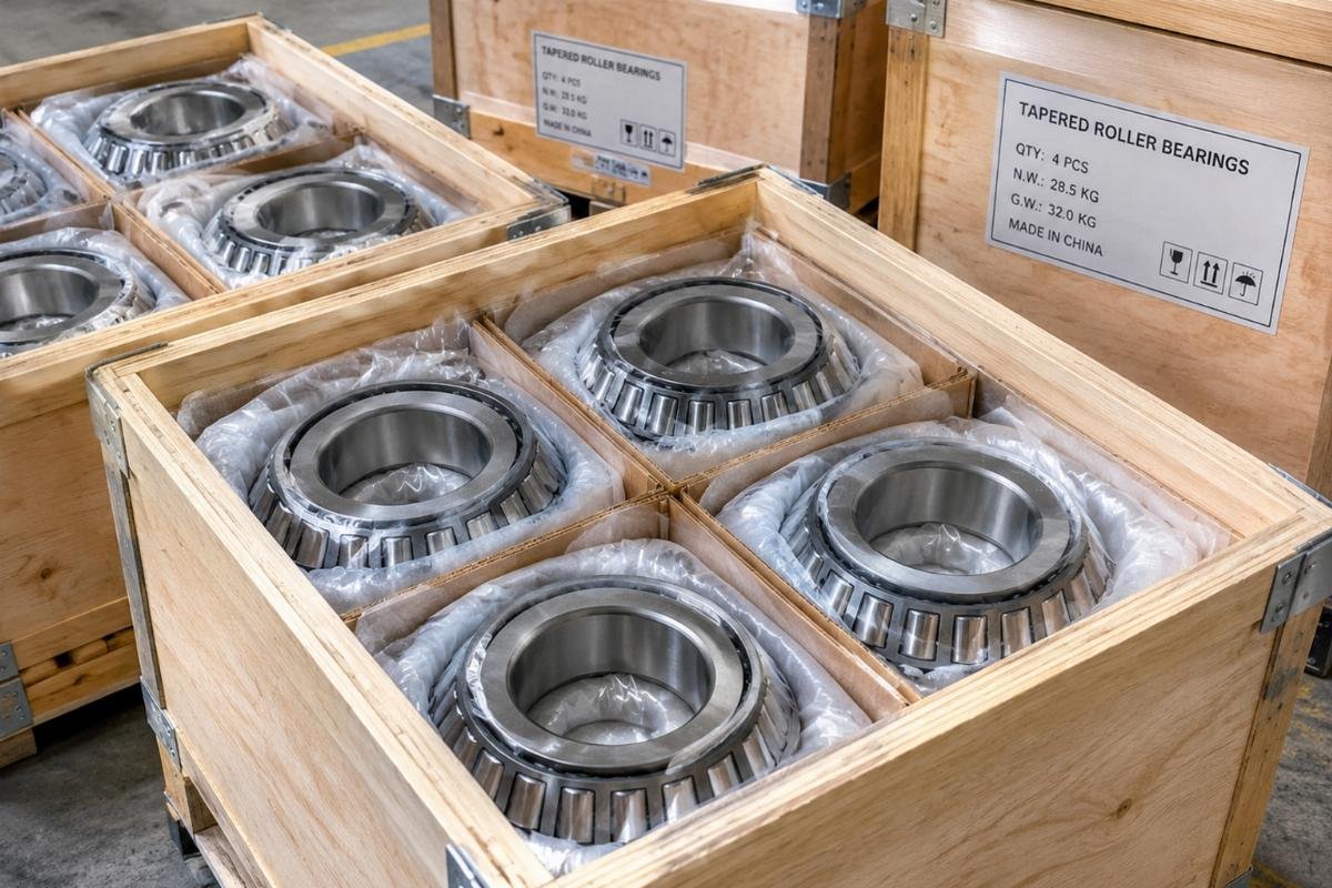 Close-up image of properly packaged tapered roller bearings in sealed crates ready for FCA handover