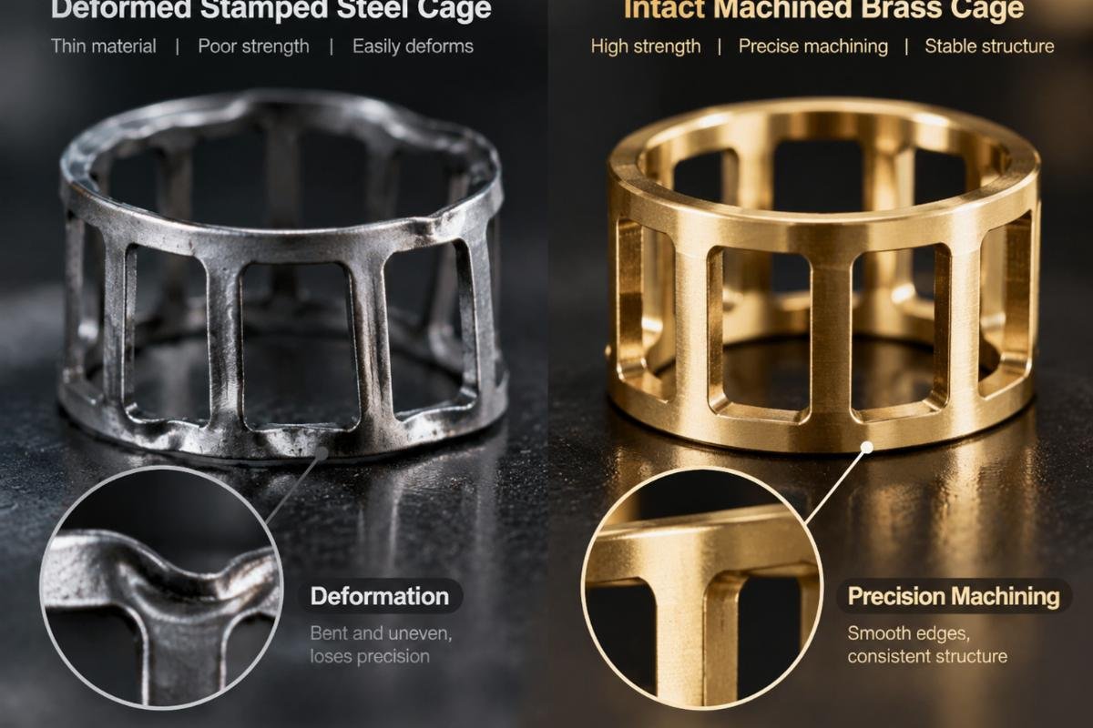 Close-up image showing the difference between a deformed stamped steel cage and an intact machined brass cage
