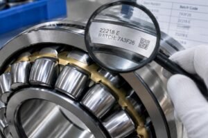 Close-up inspection of a large spherical roller bearing with visible batch code laser etching for traceability verification