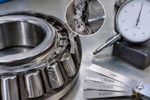 Close-up inspection of a tapered roller bearing showing surface spalling and proper clearance measurement tools