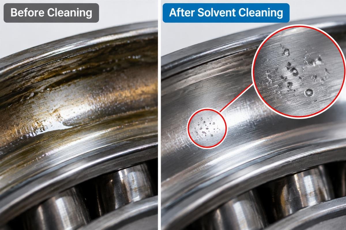 Close-up of a bearing raceway before and after solvent cleaning showing hidden micro-pitting
