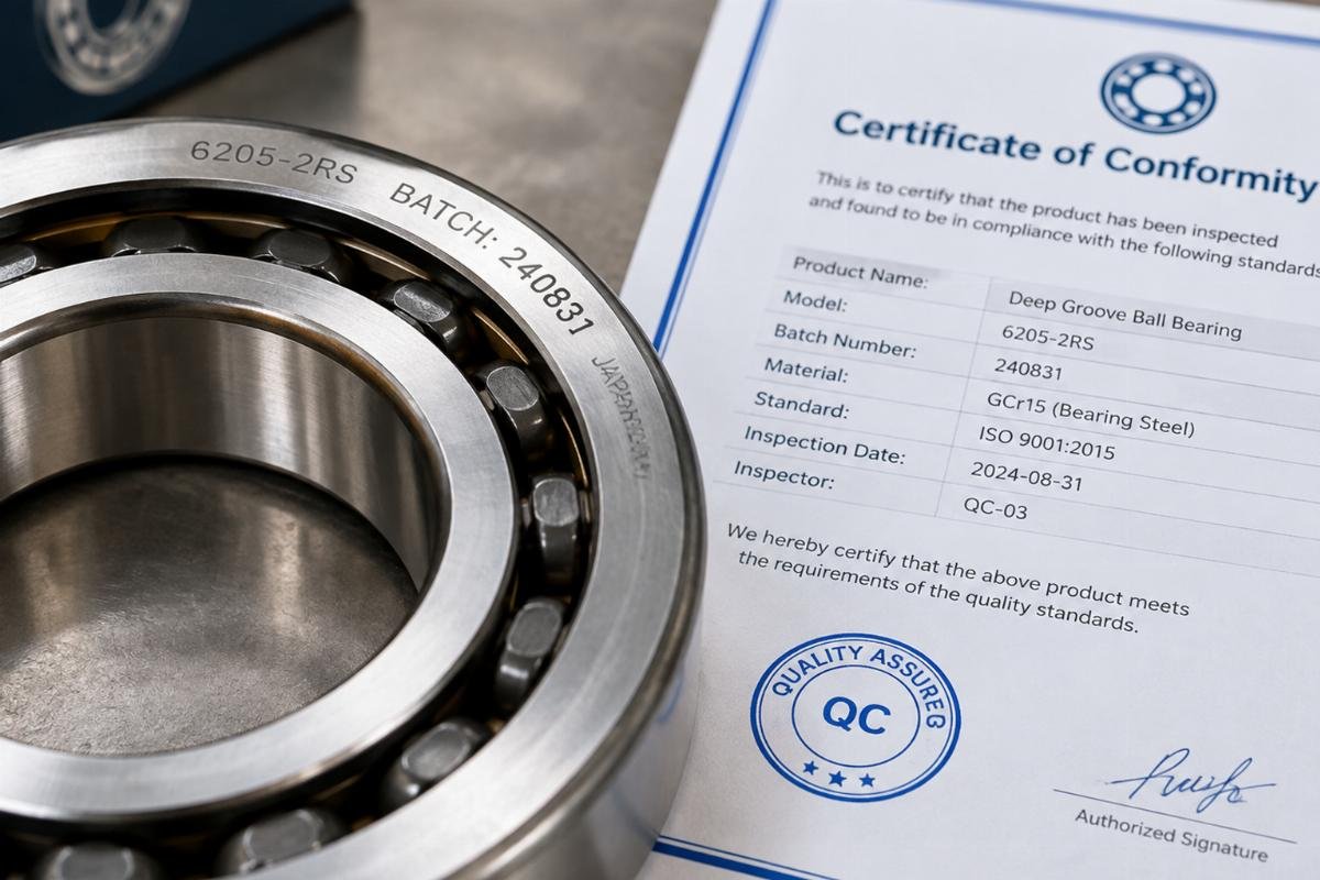 Close-up of a bearing ring showing batch number markings alongside a matching certificate of conformity