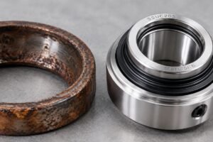 Close-up of a corroded bearing raceway next to a pristine stainless steel insert bearing with triple-lip seals