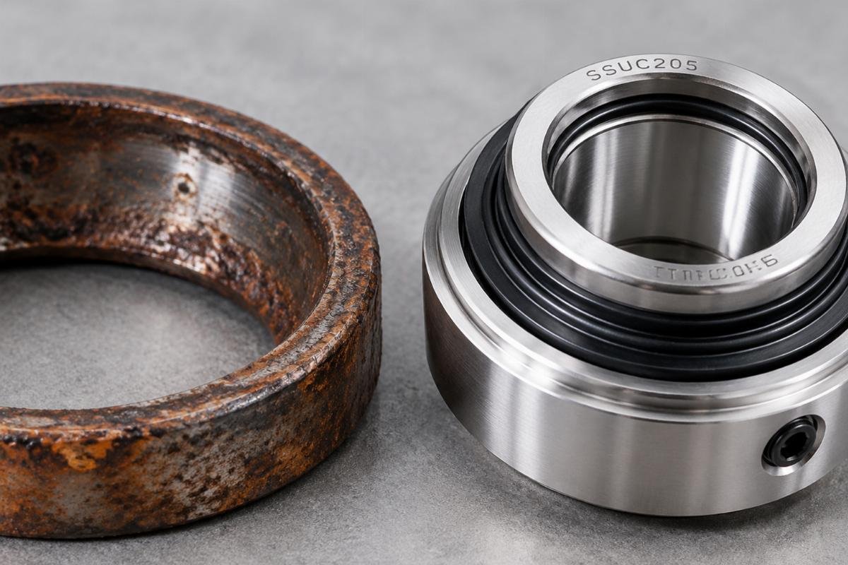 Close-up of a corroded bearing raceway next to a pristine stainless steel insert bearing with triple-lip seals