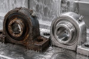 Close-up of a corroded carbon steel bearing housing next to a pristine 316 stainless steel insert bearing in a wet washdown environment