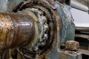 Close-up of a corroded paper machine bearing showing signs of grease emulsification and water ingress