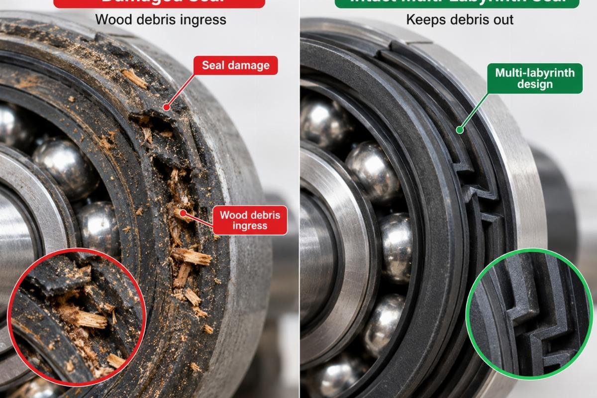 Close-up of a damaged bearing seal showing wood debris ingress compared to an intact multi-labyrinth seal
