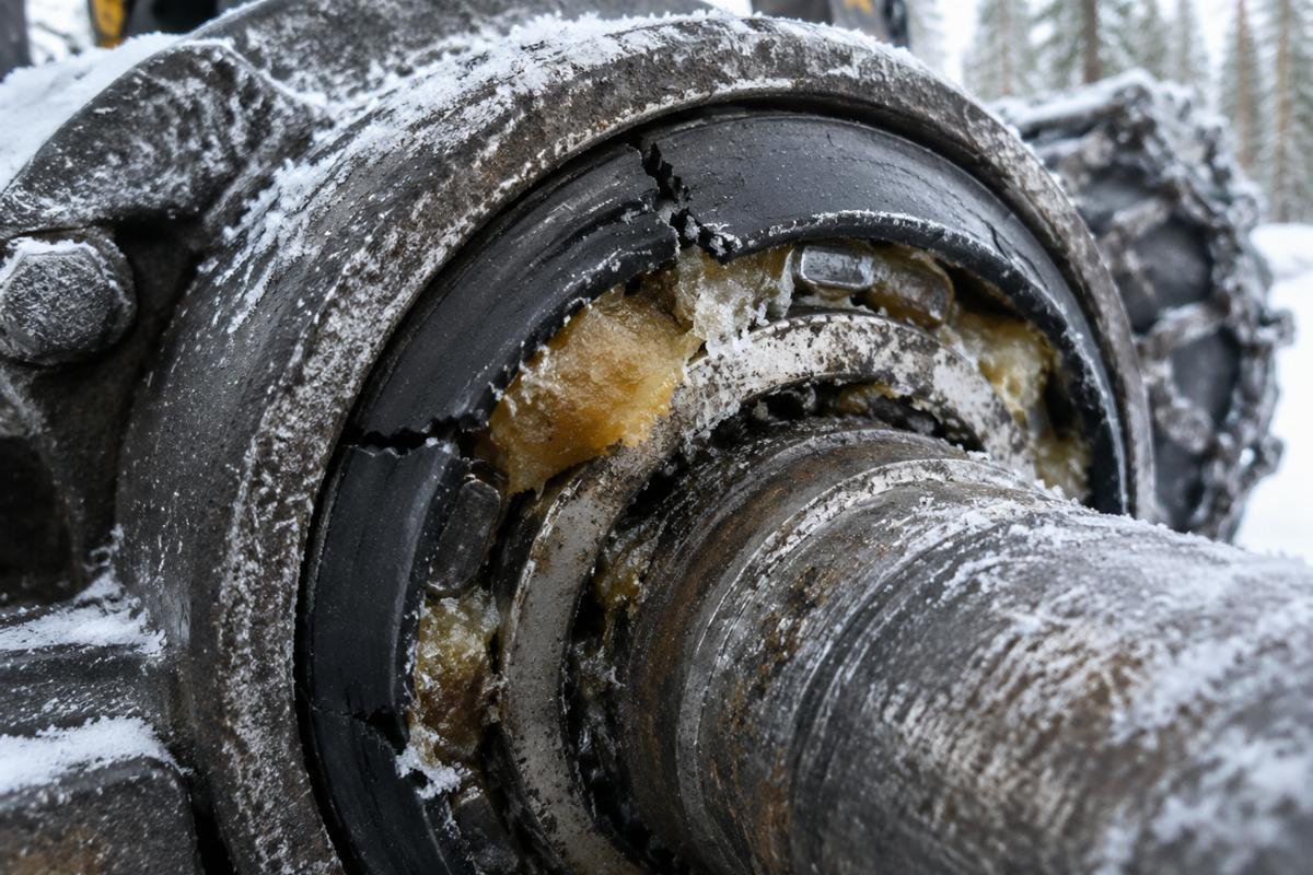 Close-up of a frozen forestry machine bearing with cracked rubber seal and solidified grease