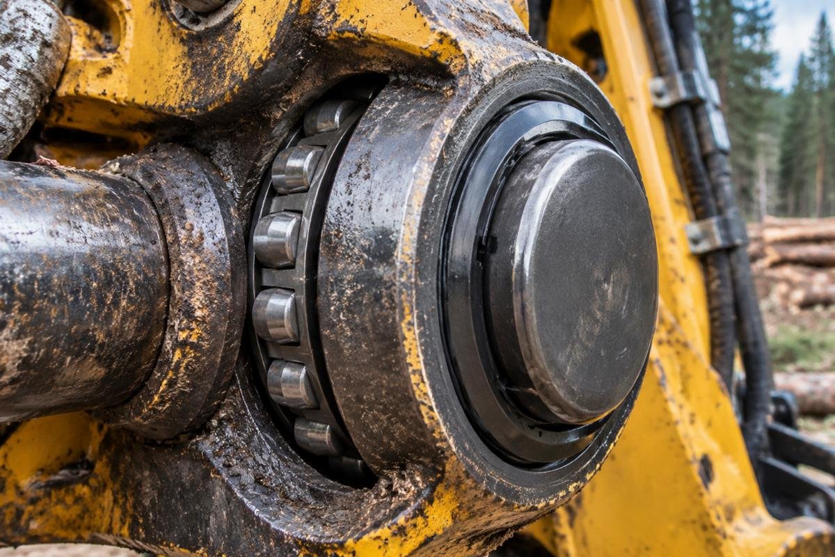 Close-up of a sealed spherical roller bearing installed on a heavy forestry machine joint