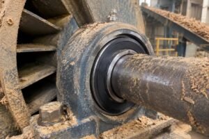 Close-up of a sealed spherical roller bearing installed on a fan shaft in a dusty biomass plant environment