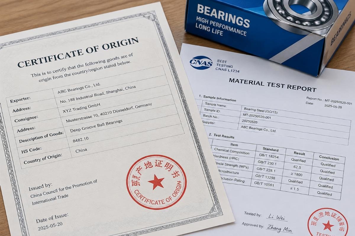 Close-up of a stamped certificate of origin and material test report next to a bearing box