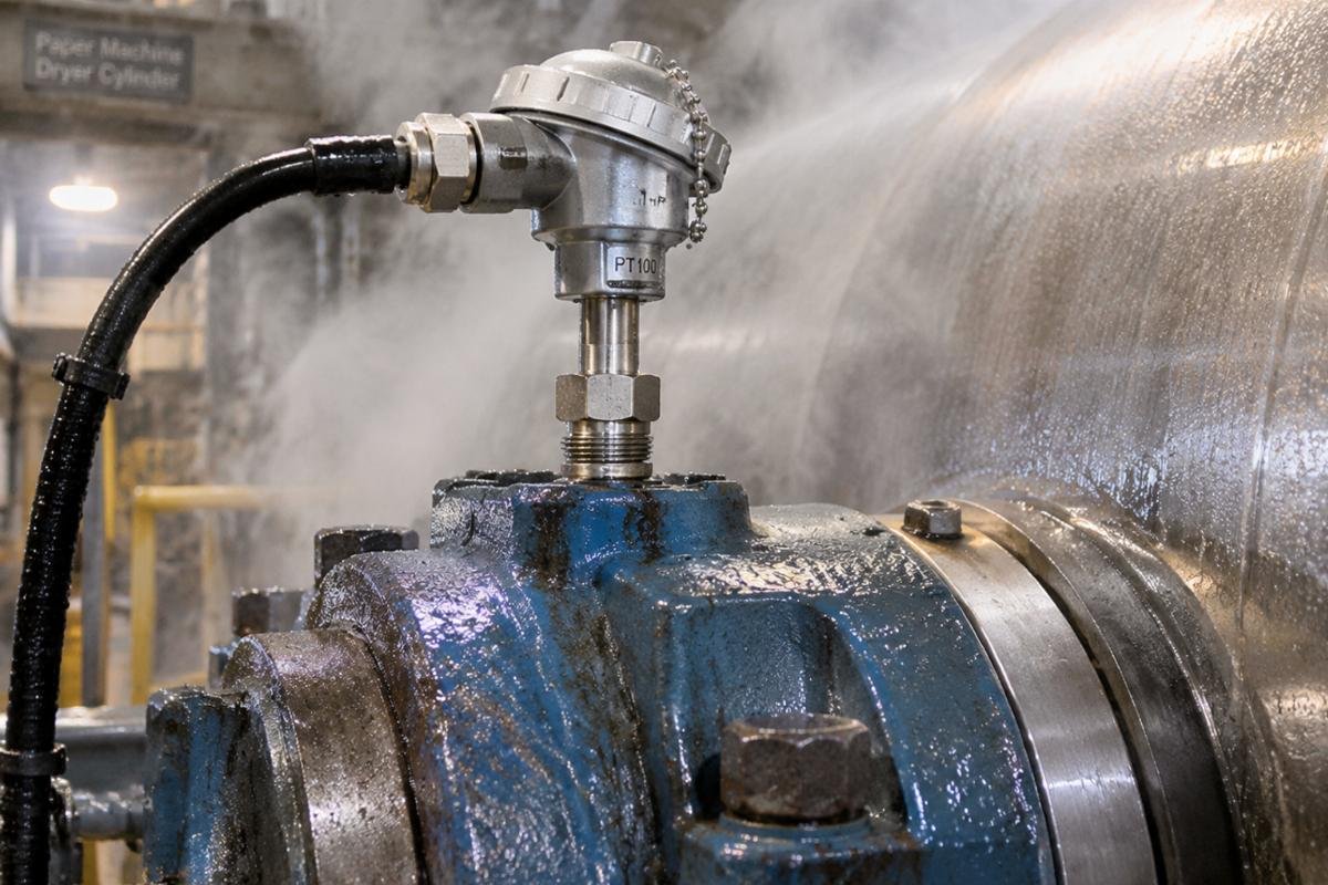 Close-up of a temperature sensor installed on a paper machine dryer cylinder bearing housing in a steamy environment