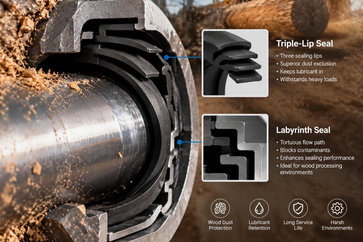 Close-up of a triple-lip seal and labyrinth seal design used in harsh wood processing environments