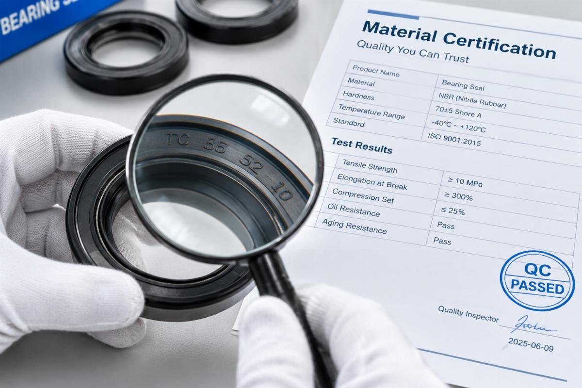 Close-up of bearing seal inspection and material certification document