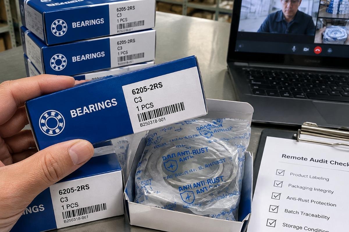 Close-up of standardized anti-rust packaging and clear labeling on bearing boxes during a remote audit