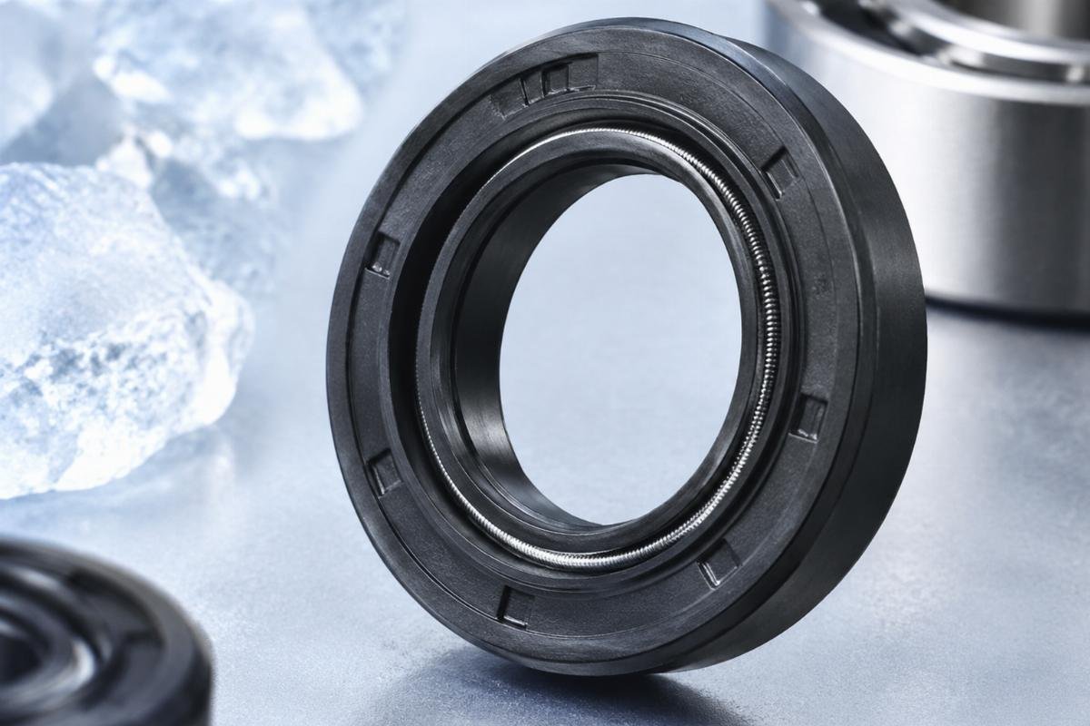 Close-up photo of a bearing seal made from low-temperature resistant fluoroelastomer material