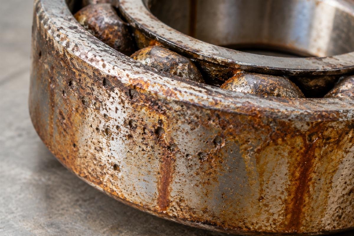 Close-up photograph of a corroded bearing outer ring with visible pitting and rust streaks from acidic exposure