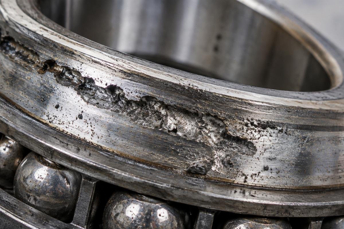 Close-up view of a bearing raceway showing spalling damage caused by contamination and misalignment