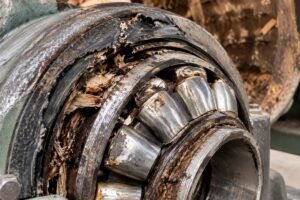 Close-up view of a damaged spherical roller bearing showing wood chip ingress and degraded seals in a debarking drum application