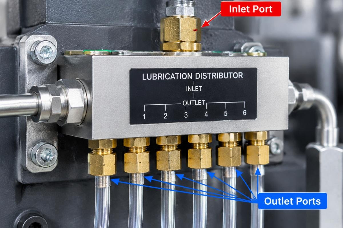 Close-up view of a lubrication distributor block with labeled inlet and outlet ports for inspection