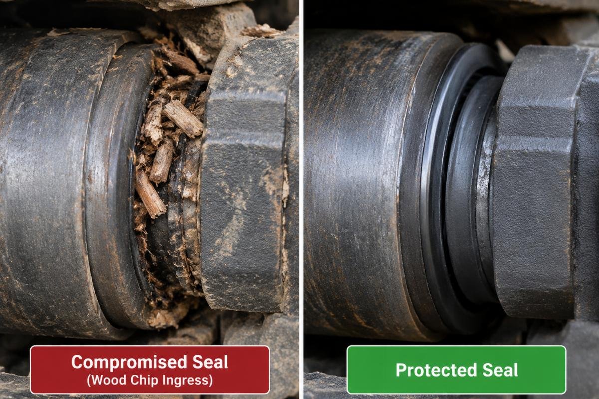 Close-up view of a track roller seal compromised by wood chip ingress versus a protected seal