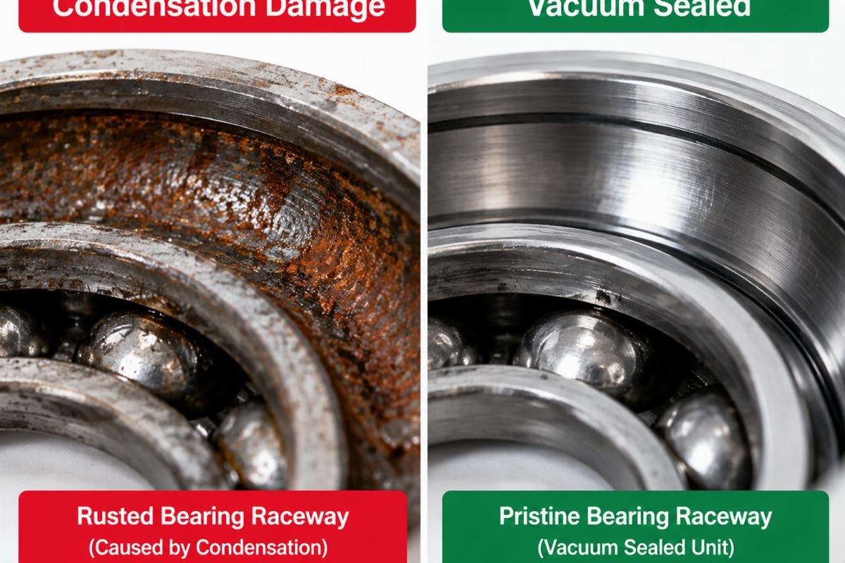 Close-up view of rusted bearing raceway caused by condensation compared to a pristine vacuum-sealed unit