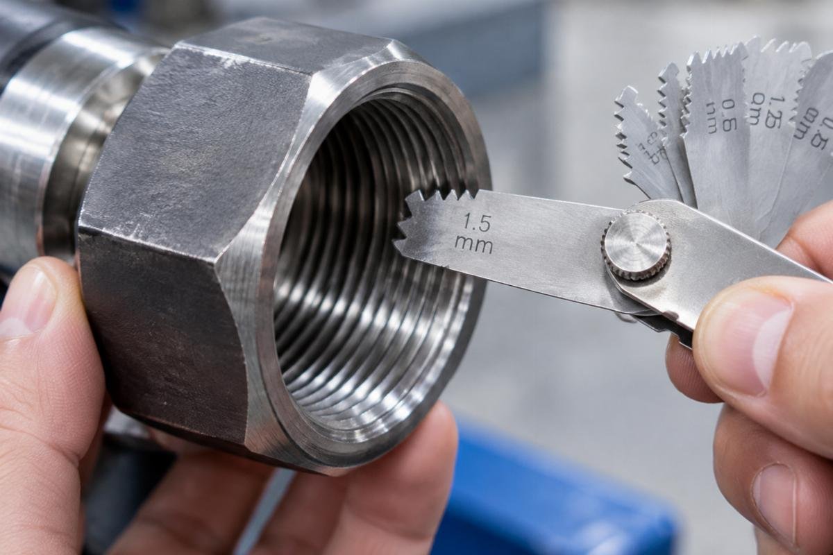 Close-up view of thread pitch verification using a thread gauge on a hydraulic nut