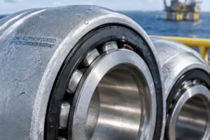Close-up view of zinc-aluminum coated offshore corrosion-resistant North Sea bearings showing surface texture and seal integrity