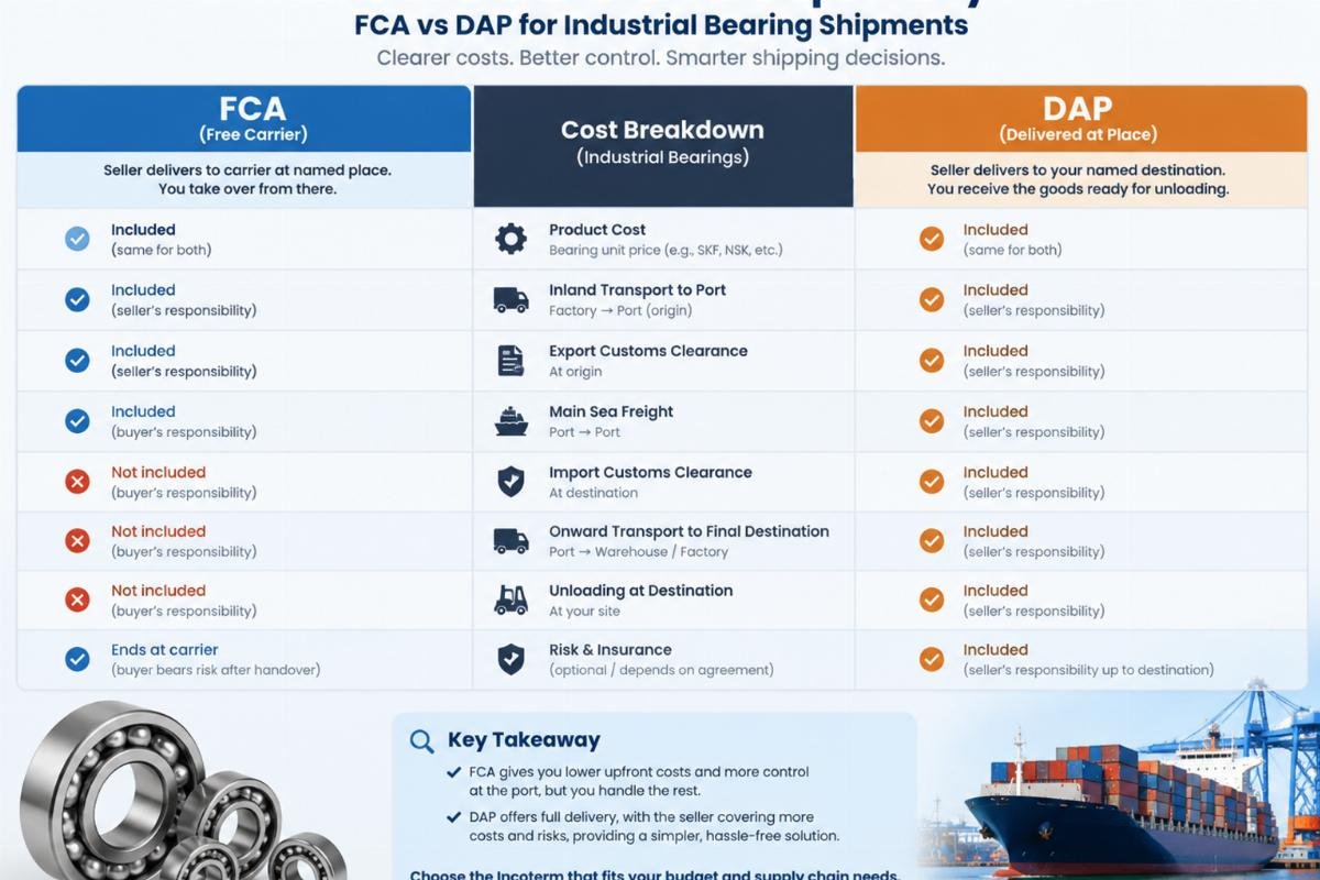 Comparison chart illustrating cost breakdown transparency between FCA and DAP for industrial bearing shipments