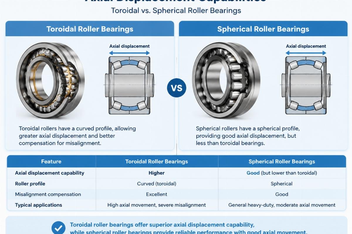 Comparison chart illustrating the axial displacement capabilities of toroidal versus spherical roller bearings