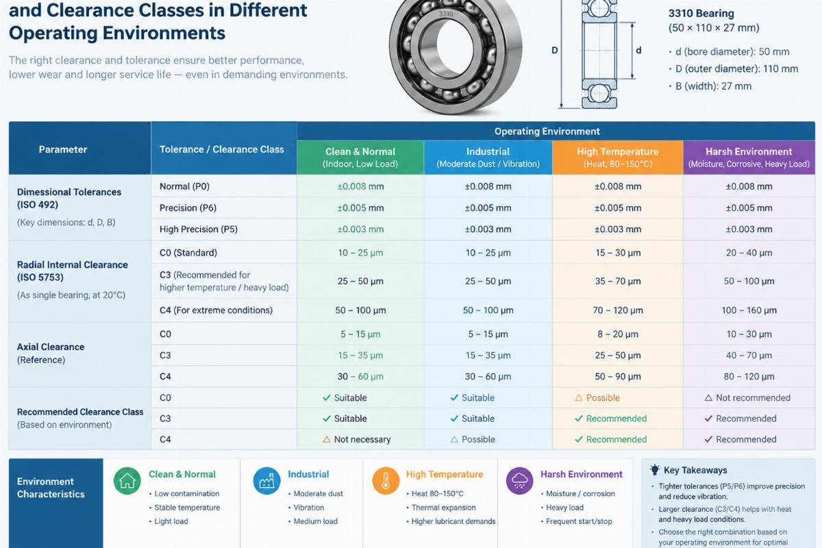 Comparison chart illustrating the dimensional tolerances and clearance classes for 3310 bearings in different operating environments
