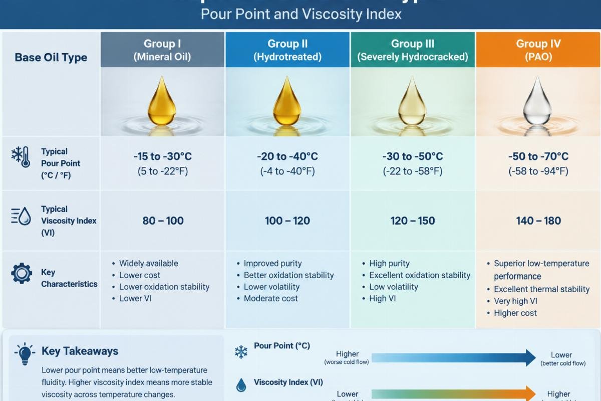 Comparison chart of base oil types showing pour point and viscosity index
