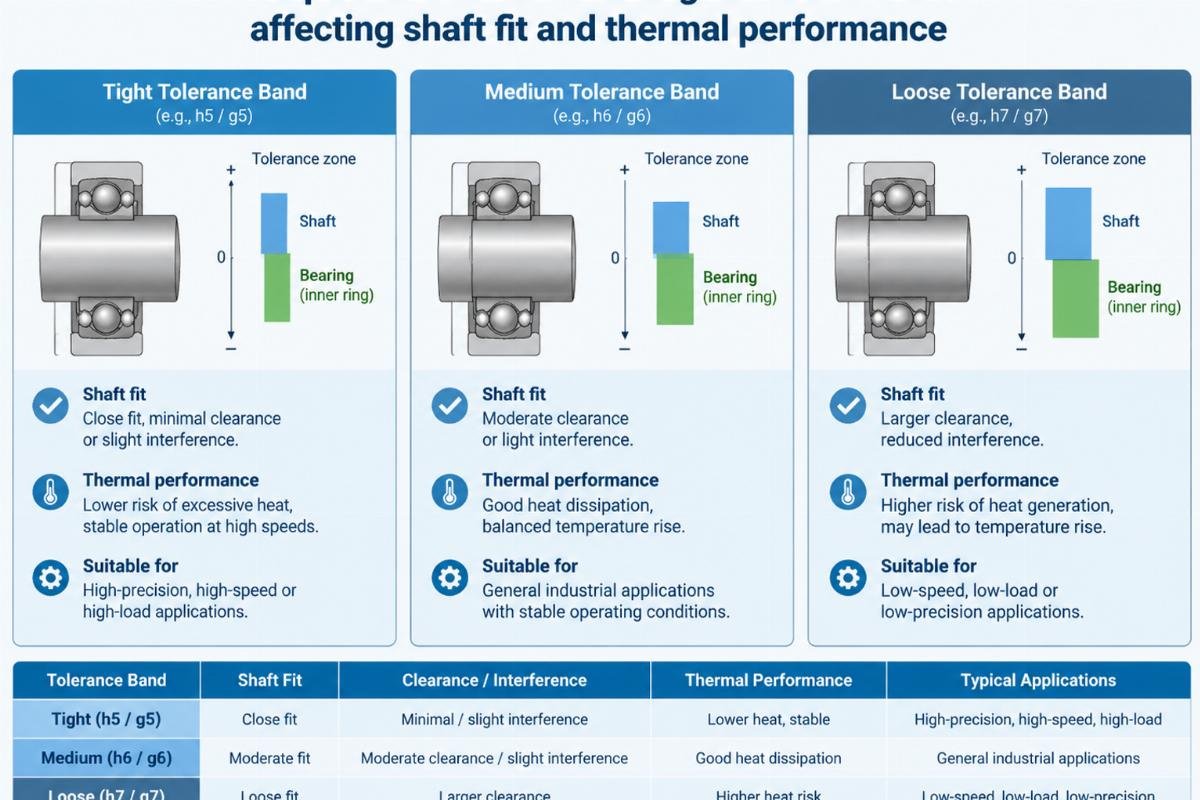 Comparison chart of bearing tolerance bands affecting shaft fit and thermal performance