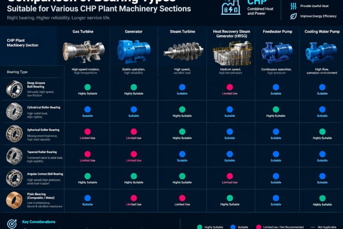 Comparison chart of bearing types suitable for various CHP plant machinery sections